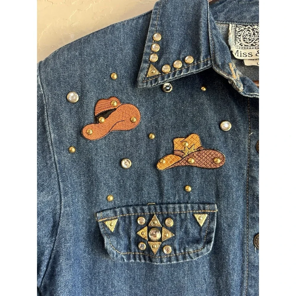 Vintage Miss & Mrs Denim Midi Shirt Dress L Cowgirl Novelty Studded Rhinestone - Picture 4 of 11